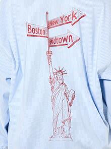 SUMWON WOMEN New York Print Striped Button Front Oversized Long Sleeve Shirt With City Name Graphics And Statue Of Liberty Back Design Casual Collared Top - Blue and White - View 5