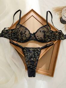 Seduluxe Bộ 2 áo ngực và quần lót nâng ngực thêu tối màu cổ điển dành cho nữ, dây đeo có thể điều chỉnh - màu đen - Xem 3