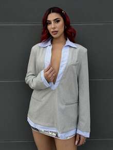 Bearsaez 2025 Spring Women Patchwork Long Sleeve Simple Suit Blazer, Daily Commute, Vintage Style In Fall/Winter - Grey - View 1