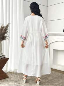 SHEIN Teen Girls'V-Neck Long Puff Sleeve White Maxi Dress,Elegant Colorful Print Adjustable Waist Tie A-Line Vintage Summer Vacation Dress,Spring&Summer - White - View 3