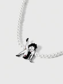 Betty Boop | ROMWE Elegant Faux Pearl Necklace And Earring Set With Cute Heart And Figure Pattern - Gun Black - View 3