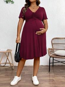 SHEIN 孕妇加大码纯色系带短袖休闲连衣裙 - 酒紅色 - 查看 4