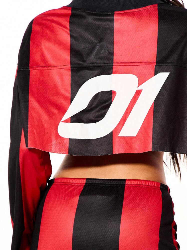 SUMWON WOMEN Cropped Football Jersey With Striped Mini Skirt Set