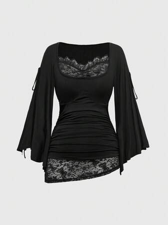 Goth Loose Collar Cinched Waist Batwing Sleeve Lace Women T-Shirt