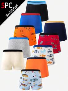 (Random Five Pack)Young Boys Summer Trunks, Colorful Cartoon Vehicle Dinosaur Stars Patterns,Elastic Waist Comfortable Tagless Fit Everyday Gift - Multicolor - View 2