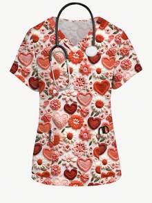 PopScrub 可爱彩色爱心和笑脸印花V领短袖口袋护士服上衣，工作服