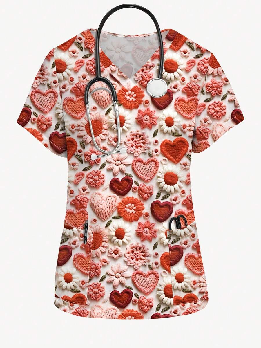 PopScrub 可爱彩色爱心和笑脸印花V领短袖口袋护士服上衣，工作服