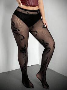 Whyspr Valentines Casual Punk Plus Size Women's Sexy Dark Punk Style Snake Pattern Sheer Mesh Hollow Out Leggings Valentines Casual Punk - Black - View 3