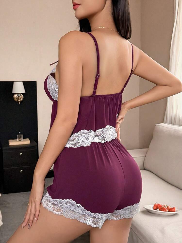 Sexy Lace Patchwork Camisole And Shorts Women Sleepwear Set