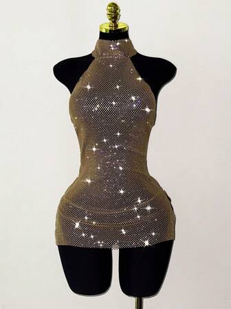 Jeanoix Women's Rhinestone Halter Super Short Dress, Suitable For Holiday Parties And Gatherings