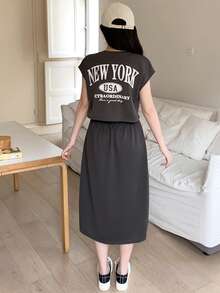 Teen Girl Round Neck Casual Versatile Daily New York Graphic Print Dress - Dark Grey - View 5