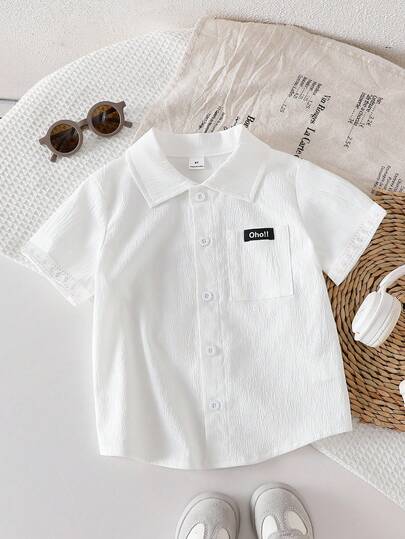Genkimix Kids 1pc Young Boy White Washed Textured Fabric Pocketed Collared Shirt, Toddler Boy Collared Shirt, Short Sleeve White Blouse For Boy