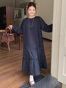 Dazy Plus Fashionable Solid Color Patchwork Tiered A-Line Skirt Knitted Casual Plus Size Women Crew Neck Long Sweatshirt Dress Sundress - Navy Blue - View 6