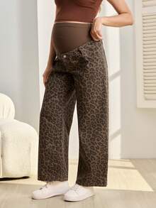 SHEIN Adjustable Waist Leopard Print Loose Fit Maternity Jeans - Multicolor - View 3