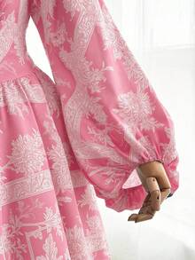 Sweetra 大码女式碎花印花收腰长袖优雅休闲度假衬衫裙 - 粉色 - 查看 6