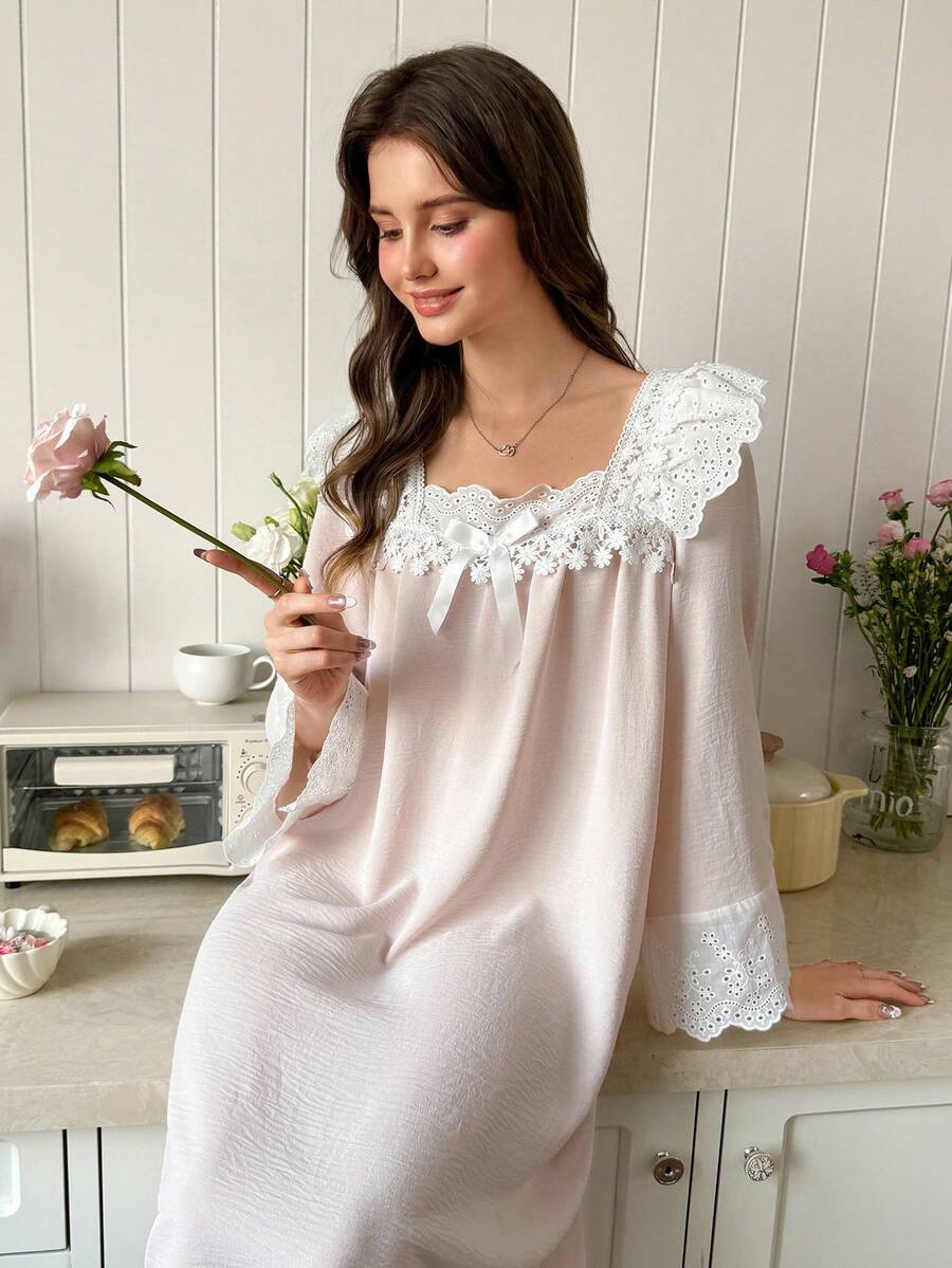 SHEIN Romantic Floral Embroidery Ruffle Trim Square Collar Flare Sleeve Women Nightgown - Baby Pink - View 1