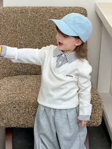 DAZY Toddler Girls' Colorblock Plaid Korean Style Autumn/Winter Letter Embroidery Long Sleeve Sweater - White - View 4