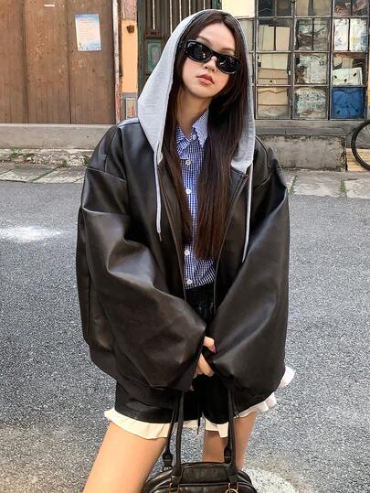 DAZY Damjacka med huva och kontrastfärg, avslappnad koreansk stil