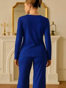Conjunto Acanalado 2 Piezas | Blusa Manga Larga + Pantalón Recto - azul real - Ver 3