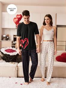 SHEIN Men's Ribbed Heart Print Short Sleeve & Pants Casual Pajama Set - Black - View 7
