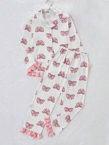 Girls' Fashionable Cute Bow Print Long Sleeve Ruffle Hem Cardigan And Pants Pajama Set