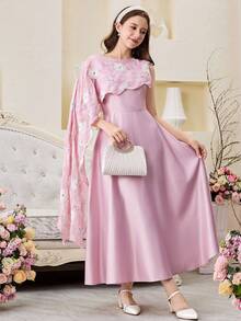 SHEIN Rochie de vară elegantă, glamuroasă, dulce, țesută, brodată cu mărgele, cu stele de mare, talie asimetrică, evazată, linie A