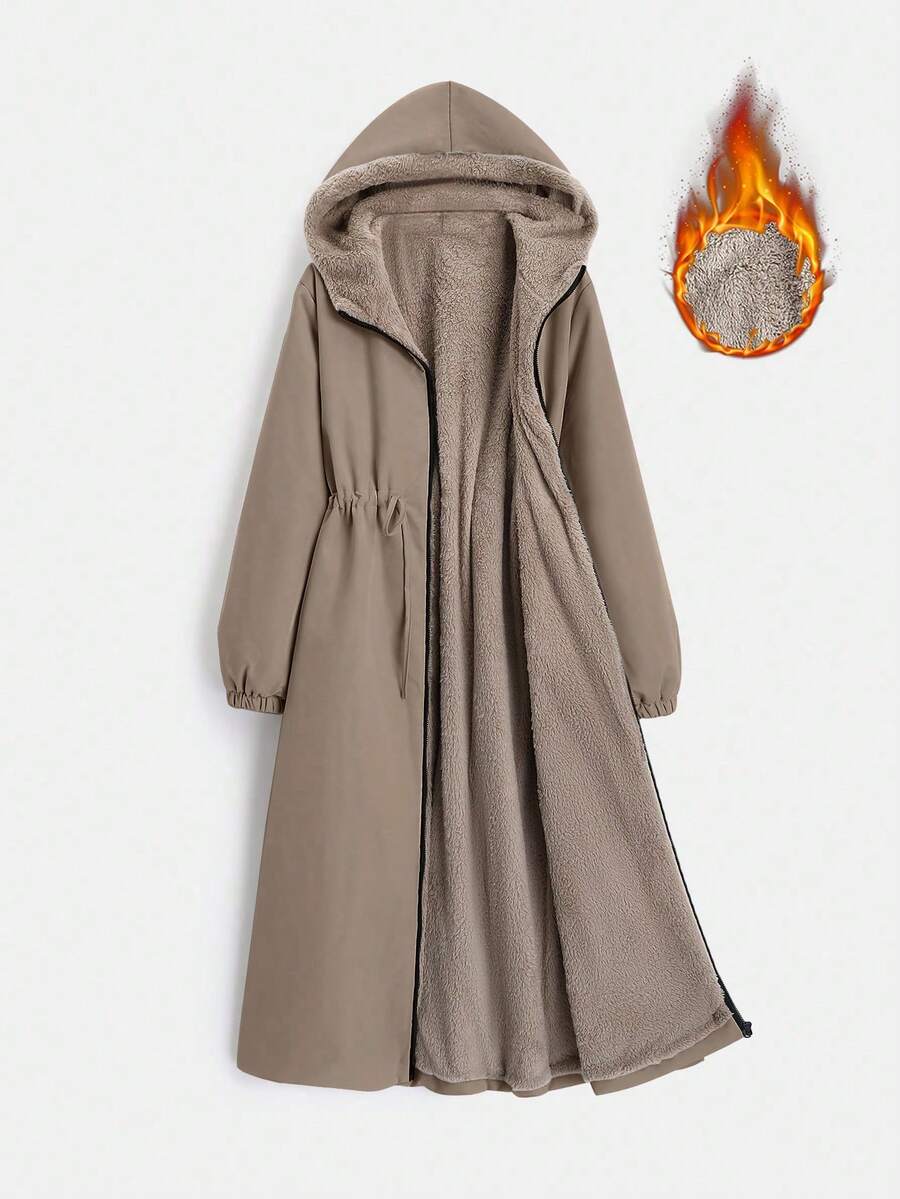 EMERY ROSE Women's Winter Clothes Long Sleeve Drawstring Waist Hooded Thermal Lined Long Casual Padded Padded Coat - Khaki - View 1