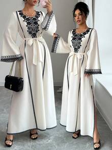 Elenzga 复古印花不对称圆领长袖侧开衩休闲度假连衣裙（女款） - 杏色 - 查看 1