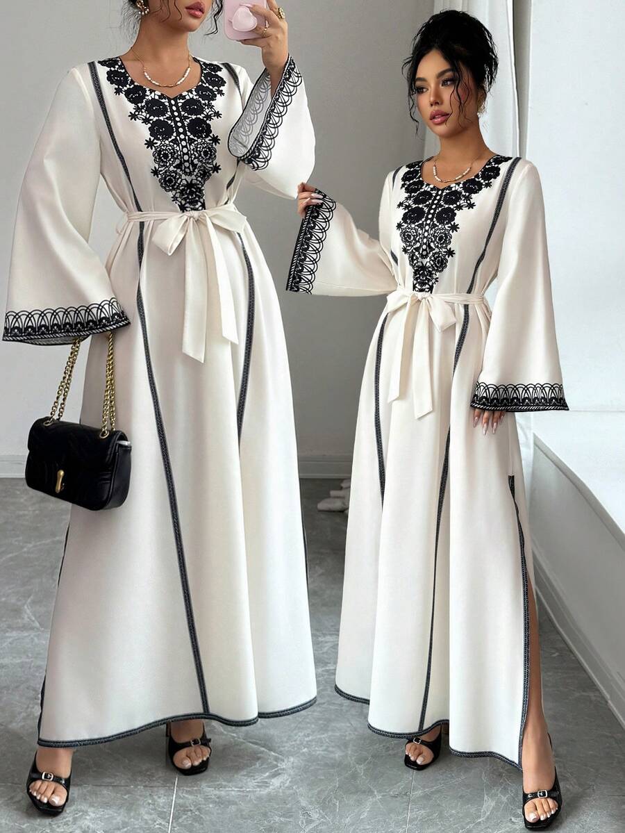 Elenzga 复古印花不对称圆领长袖侧开衩休闲度假连衣裙（女款） - 杏色 - 查看 1