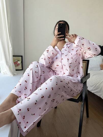 Dream Adore Cherry Print Shirt Style Cardigan Sleepwear Set, Plus Size