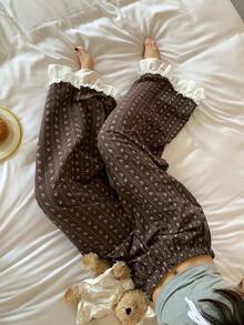 DAZY Striped & Floral All-Over Print Contrast Ruffle Trim Loose Women Pajama Bottoms - Coffee Brown - View 4