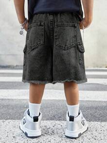 SHEIN Young Boy Street Cool Distressed Vintage Washed Multiple Pockets Ripped Frayed Loose Fit Wide Legs Denim Cargo Shorts,Spring/Summer Streetwear - Black - View 2