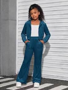 SHEIN Tween Girl Velvet Hoodie & Sweatpants Set, Casual Sportswear - Teal Blue - View 8