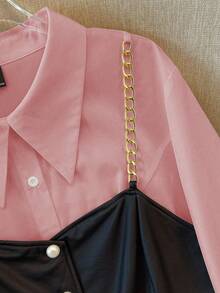 GlowEve CURVE 大码时尚通勤吊带背心拼接二合一衬衫 - 粉色 - 查看 4