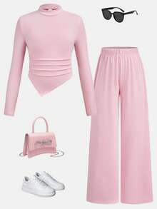 SHEIN Bộ đồ đôi cơ bản, tối giản, thoải mái dành cho bé gái tuổi teen, chất liệu nỉ co giãn cao cấp, gồm áo cổ đứng bất đối xứng nhún bèo ôm sát và quần ống rộng thoải mái, thích hợp cho mùa tựu trường và đi chơi hàng ngày, mùa thu/đông. - Hồng - Xem 2