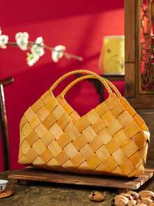 Madebyblanc 1个手工竹编手套花篮，DIY手提篮创意礼品花篮，节日派对活动礼品包装纪念品 - 杏色 - 查看 3