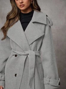 SHEIN BAE 女士长袖简约前开襟长款大衣，休闲日常穿着，复古保暖加厚，适合冬季、感恩节、万圣节、圣诞节等场合穿着。 - 淺灰色 - 查看 7