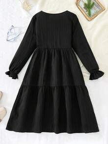 SHEIN 少女款黑色圆领宽松休闲连衣裙 - 黑色 - 查看 3