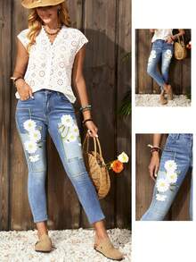 EMERY ROSE Quần Jeans Skinny Túi Thêu Hoa Cho Nữ, Thường Ngày, Đa Năng - Rửa trung bình - Xem 1