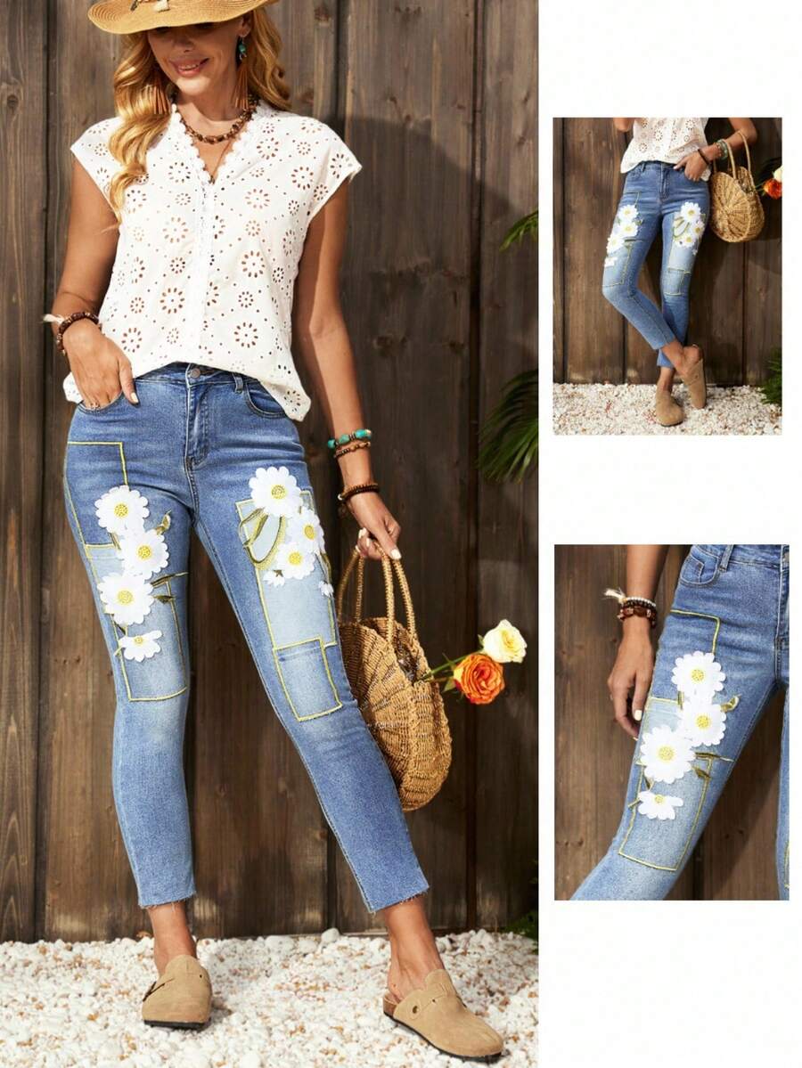 EMERY ROSE Quần Jeans Skinny Túi Thêu Hoa Cho Nữ, Thường Ngày, Đa Năng - Rửa trung bình - Xem 1