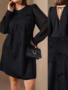 Chikora Women's Casual Solid Color Round Neck Long Sleeve Plus Size Dress Black Bow Dress Black Elegant Dress Plus Size Black Dress Black Long Sleeve Dress Winter Clothes For Women  Christmas Outfit For Women   New Year Clothes New Year's Outfit For Women  Bow Dress, Little Black Dress, A-Line Skirt Long Sleeve Elegant Dress Black Shift Dress Bow Detail Short Dress - Black - View 9