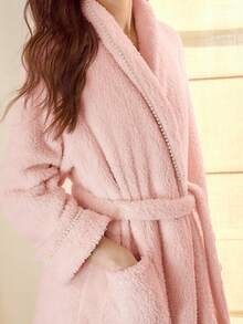 MOTF PREMIUM SHAWL COLLAR FAUX PEARL DECOR FUZZY BELTED ROBE - Coral Pink - View 2