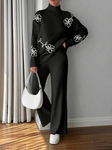 SHEIN Cottnline Women 3d Floral Embroidery Sweater Co-Ord Set - Black and White - View 3