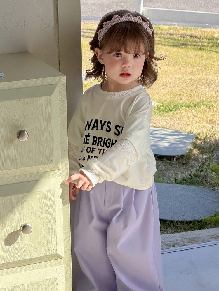 Toddler Girls' Round Neck Letter Print Long Sleeve Lace Blouse