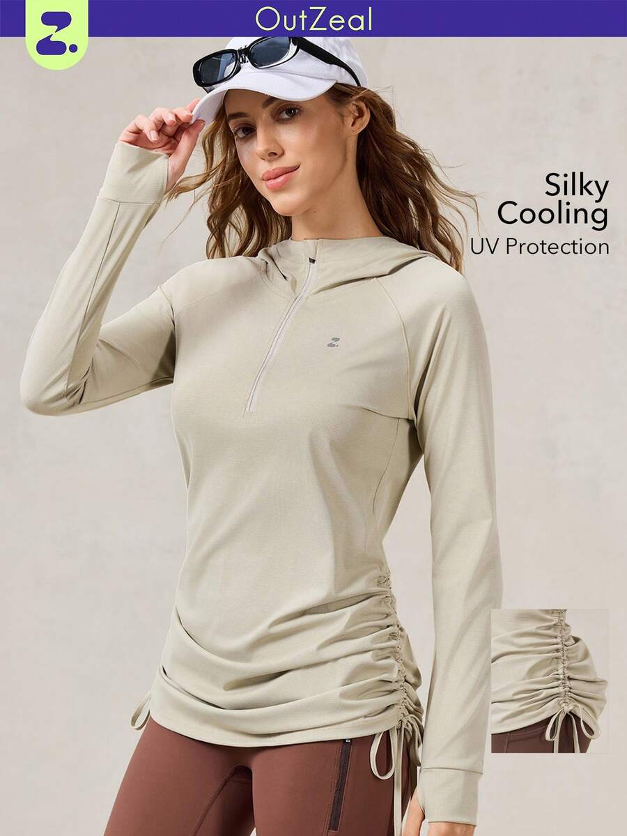OutZeal Women Sun-Proof Jacket Summer Daily Casual Long Sleeve Top UV Protection Cool Touch Silky Soft Side Drawstring Hip Length - Khaki - View 1