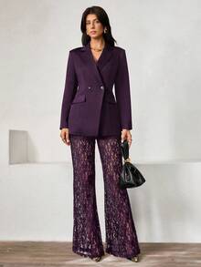 Islaluna Women's Elegant Loose Double-Breasted Long Sleeve Blazer Jacket And Flared Lace Pants Set, Spring/Autumn - Purple - View 3