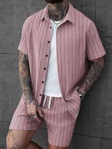 SLATEMANN Men's Front Button Striped Short Sleeve Casual Shirt Set, Summer - Pink - View 3