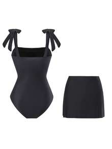 Swim Oasis 女士黑色蝴蝶结花卉不对称半身裙连体泳衣，时尚休闲度假装，适合春、夏、秋、冬四季穿着。 - 彩色 - 查看 2