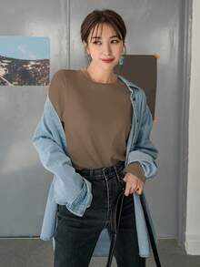 DAZY 纯色圆领长袖休闲宽松T恤 - 棕色 - 查看 4