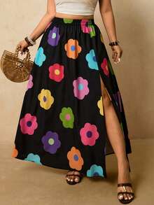 SHEIN VCAY Chân váy nữ cỡ lớn in họa tiết hoa nhiệt đới, cạp chun, xẻ tà bên hông, kiểu dáng thường ngày, thích hợp cho mùa hè. - Nhiều màu - Xem 5